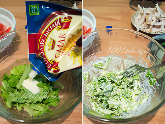 Овощной салат с листьями зеленого салата и куриной грудкой