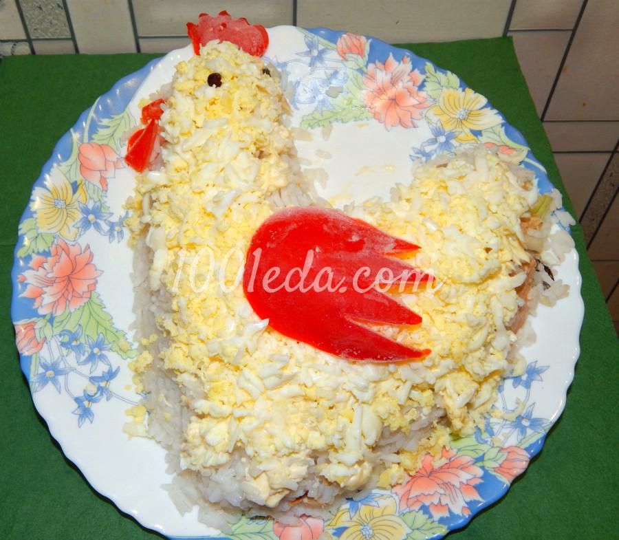 Салат из риса и консервированной горбуши Петушок Золотой Гребешок: рецепт с пошаговым фото