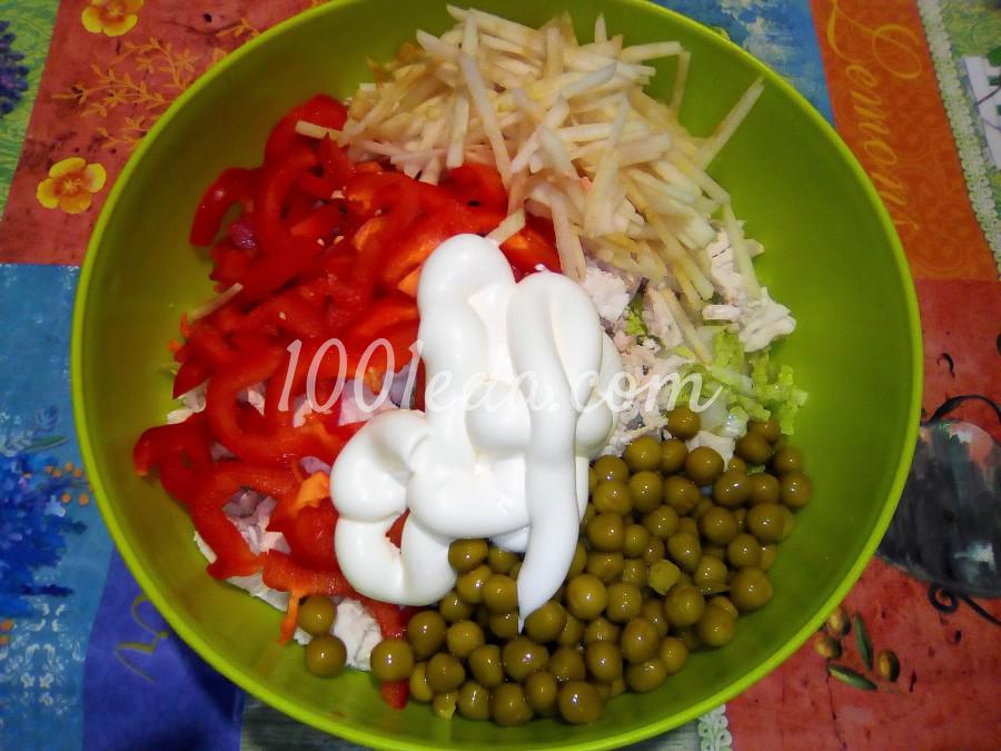 Салат из китайской капусты с куриным филе, яблоком и зелёным горошком Салат из китайской капусты с куриным филе, яблоком и зелёным горошком