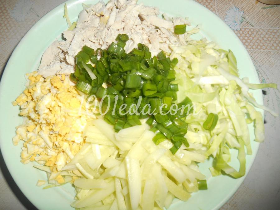 Салат из молодой капусты с мясом, яйцом и огурцами