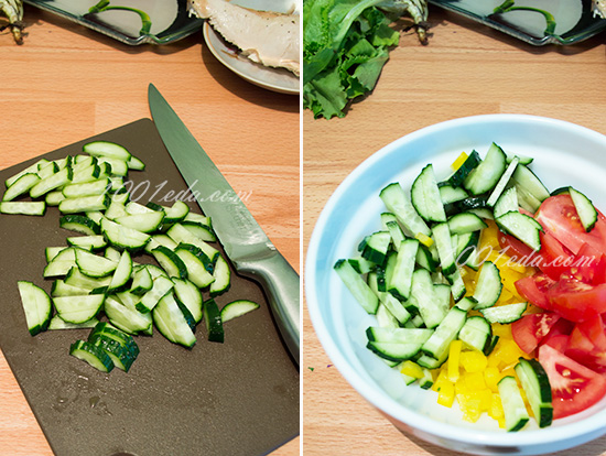 Овощной салат с листьями зеленого салата и куриной грудкойОвощной салат с листьями зеленого салата и куриной грудкой