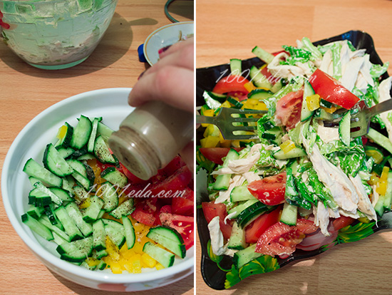 Овощной салат с листьями зеленого салата и куриной грудкой
